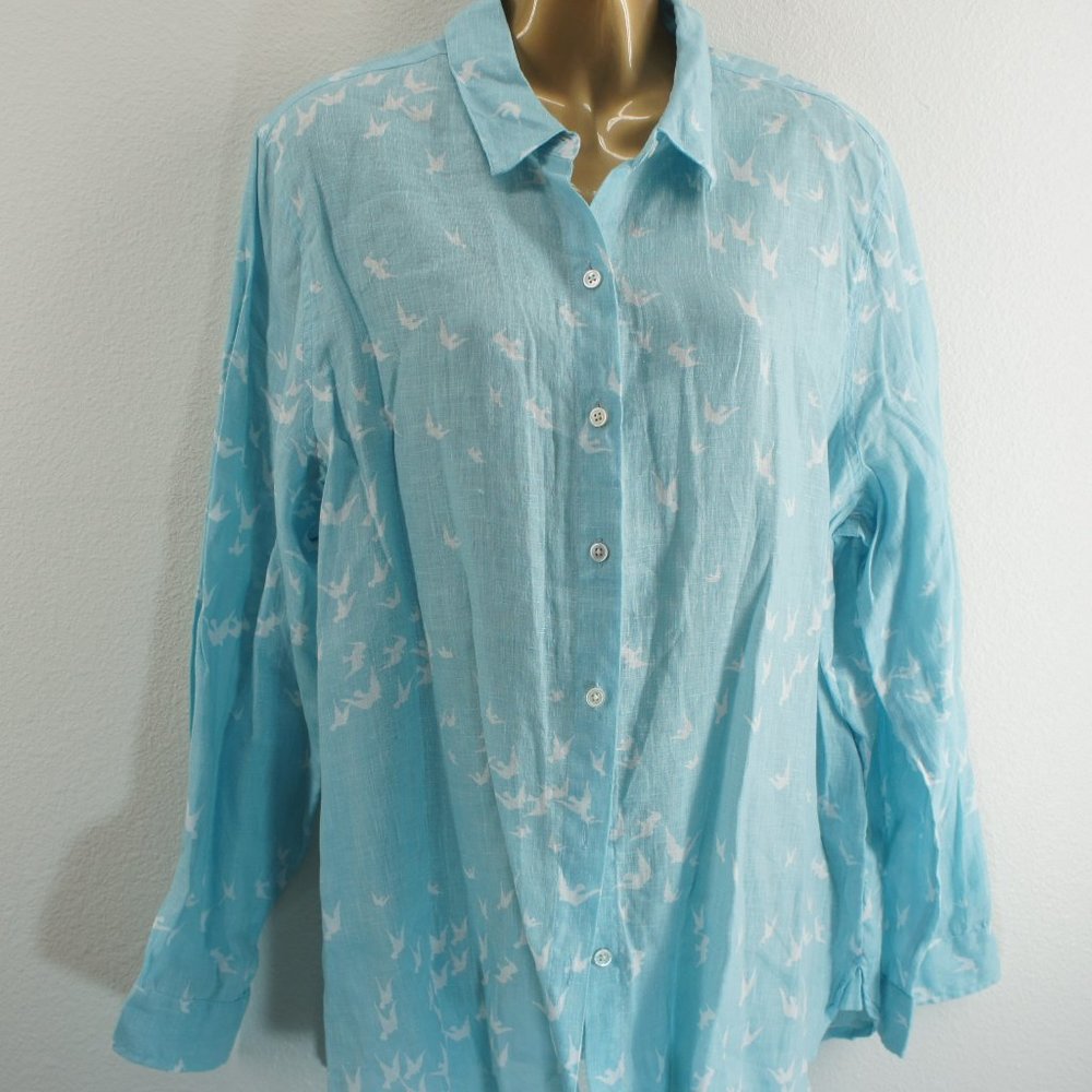 J.JILL blue linen bird tunic blouse size L nwots - Picture 2 of 5